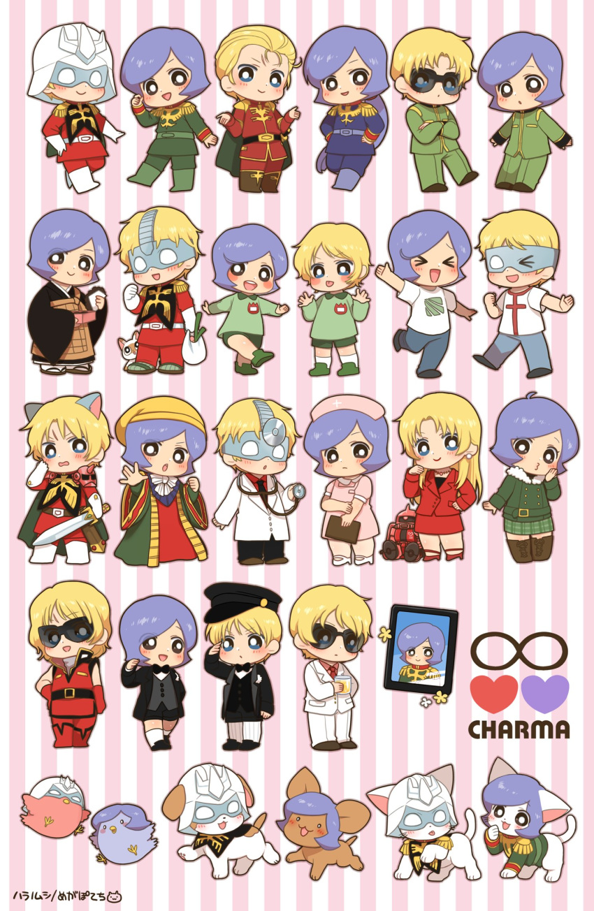 &gt;_&lt; &gt;_o 2boys 2girls :&gt; :3 :d :o :p animalization arm_up bag belt bird black_bow black_bowtie black_jacket black_kimono black_necktie black_shirt black_shorts black_suit blonde_hair blue_eyes blush bow bowtie bright_pupils brown_belt brown_eyes brown_footwear cape casval_rem_deikun cat char's_counterattack char's_daily_life char_aznable chibi closed_mouth collared_shirt crossdressing crossed_arms cup doctor dress earrings epaulettes garma_zabi green_cape green_jacket green_robe green_shirt gundam gundam-san gundam_gihren_no_yabou hair_slicked_back hands_on_own_hips hat head_mirror heart helmet high_heels highres holding holding_bag holding_cup holding_sword holding_weapon infinity inu_gundam jacket japanese_clothes jewelry kesa kimono kindergarten_uniform lab_coat long_hair long_sleeves low_ponytail male_focus mask military_uniform minnnaorenoyome mobile_suit_gundam mobile_suit_gundam_the_origin multiple_boys multiple_girls multiple_persona necklace necktie nurse nurse_cap o3o one_eye_closed open_mouth pants pink_background pink_dress pink_shirt plaid plaid_skirt plastic_bag ponytail portrait_(object) purple_belt purple_footwear purple_hair purple_jacket purple_pants quattro_vageena red_jacket red_necktie red_shirt red_skirt robe sandals scar scar_on_face scar_on_forehead shirt short_hair shorts shrugging sidelocks simple_background skirt smile smock spring_onion standing standing_on_one_leg stethoscope striped striped_background suit sunglasses sword tongue tongue_out traditional_bowtie tuxedo two-tone_background uniform waistcoat wavy_mouth weapon white_background white_belt white_cat white_jacket white_pants white_pupils white_shirt white_suit zaku_ii_s_char_custom zeta_gundam