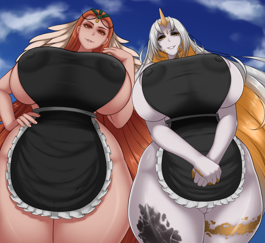 apron apron_only big_breasts breasts clothing duo female genitals hi_res horn horned_humanoid huge_breasts humanoid mostly_nude nipple_outline not_furry pussy sorenstar thick_thighs