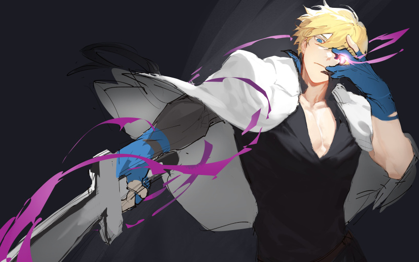 1boy absurdres blonde_hair blue_eyes blue_gloves dragon_install electricity gloves guilty_gear guilty_gear_strive hair_between_eyes highres jacket jacket_on_shoulders ky_kiske looking_at_viewer male_focus partially_fingerless_gloves pectoral_cleavage pectorals ran_the_egg_yolk short_hair simple_background thunderseal white_jacket