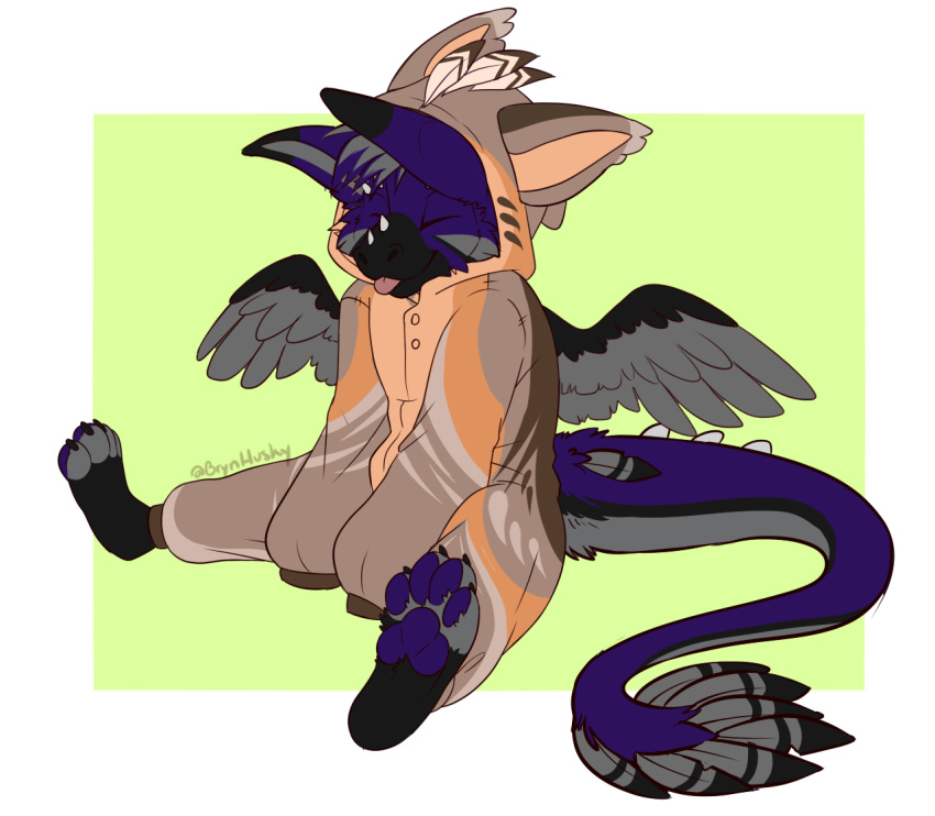 blep brynhusky clothing dutch_angel_dragon feathered_wings feathers happy humanoid kigurumi male onesie parrybow pawpads paws solo tongue tongue_out wings