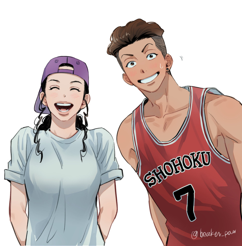 1boy 1girl :d ayako_(slam_dunk) backwards_hat basketball_jersey basketball_uniform beaker_pour blush brown_eyes brown_hair closed_eyes curly_hair earrings hat highres jewelry miyagi_ryouta nervous_sweating ponytail purple_headwear red_tank_top shirt slam_dunk_(series) sleeves_rolled_up smile sportswear stud_earrings sweat sweatdrop tank_top toned toned_male undercut upper_body wavy_hair white_background white_shirt