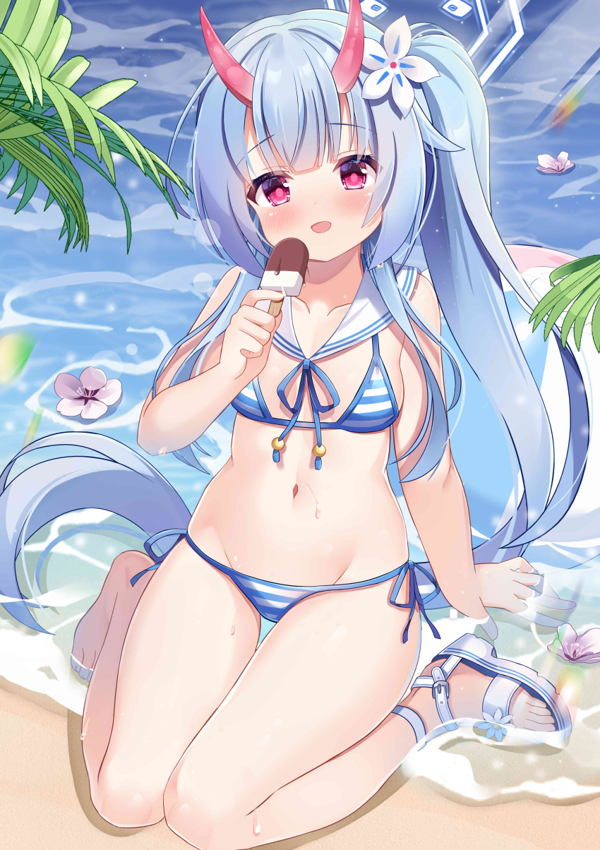 1girl :d absurdres arm_support barefoot beach bikini blue_archive blue_hair blush breasts chise_(blue_archive) chise_(swimsuit)_(blue_archive) cleavage commentary_request feet fengshen_chino flower food groin hair_between_eyes hair_flower hair_ornament halo highres holding holding_food holding_popsicle horns legs long_hair looking_at_viewer nail_polish navel ocean official_alternate_costume official_alternate_hairstyle oni_horns outdoors popsicle purple_eyes sailor_collar sand sandals shallow_water side_ponytail sidelocks sitting sleeveless small_breasts smile solo stomach striped striped_bikini swimsuit toenail_polish toenails toes wariza water