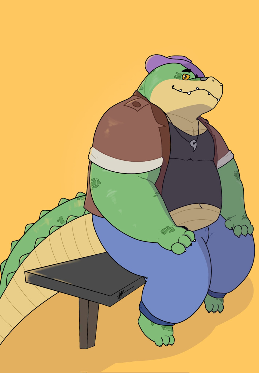 2023 3_toes 4_fingers alligator alligatorid anthro belly bottomwear brok_(character) brok_the_investigator clothing crocodilian feet fingers green_body hat headgear headwear hendogzilla hi_res male overweight overweight_male pants reptile scalie shirt sitting solo toes topwear