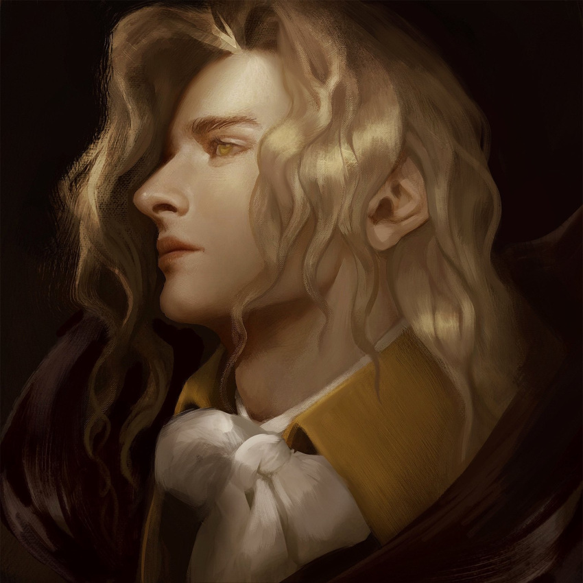 1boy alucard_(castlevania) amber_goodhart androgynous ascot black_cape blonde_hair brown_background cape castlevania closed_mouth collared_jacket eyelashes faux_traditional_media highres male_focus medium_hair parted_hair profile shirt solo wavy_hair white_ascot white_shirt yellow_eyes