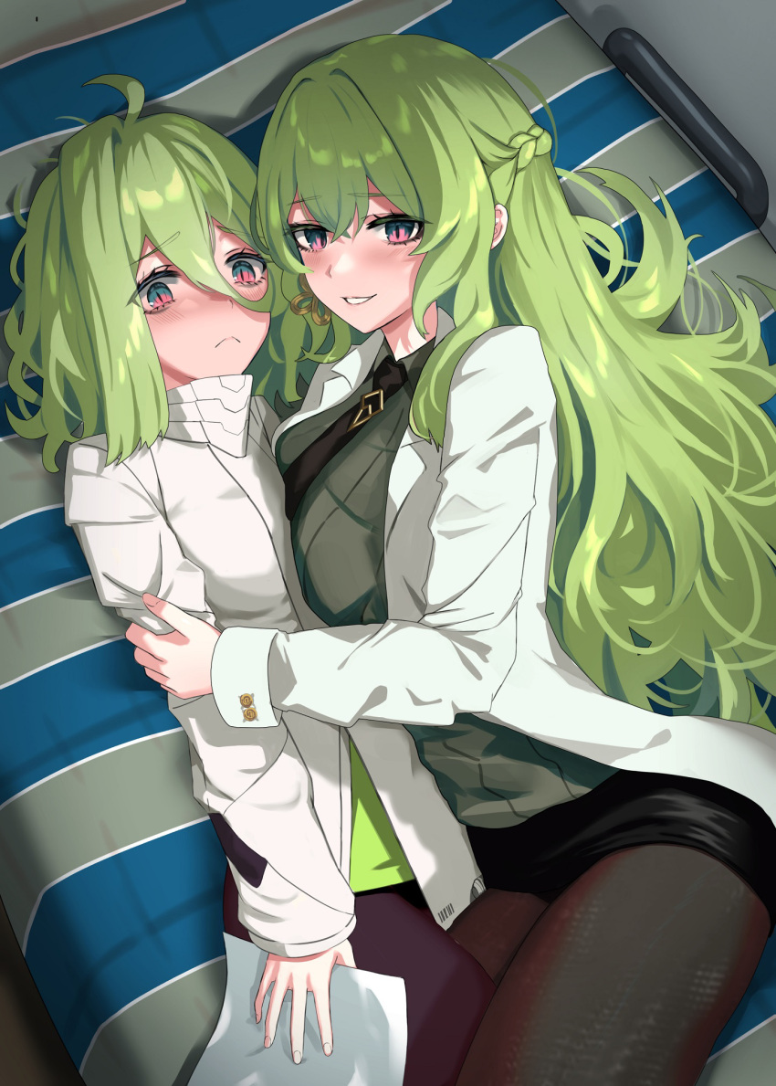 2girls :d asymmetrical_docking between_legs black_necktie black_skirt blush braid breast_press breasts chaciooh commentary_request curly_hair frown green_eyes green_shirt grey_hair grin highres holding_another's_arm honkai_(series) honkai_impact_3rd hug klein_(honkai_impact) large_breasts long_hair looking_at_viewer looking_up lying medium_breasts miniskirt mobius_(honkai_impact) multiple_girls necktie on_back on_side open_clothes open_shirt pantyhose pink_eyes shirt skirt slit_pupils small_breasts smile thighs two-tone_eyes very_long_hair white_shirt