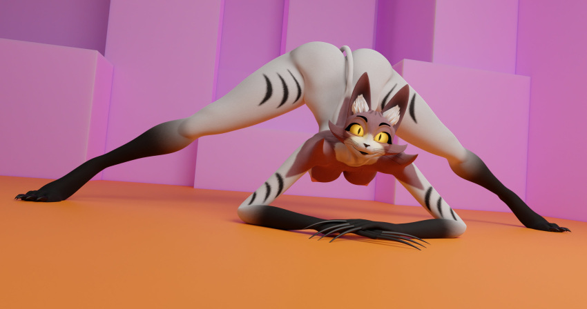 3d_(artwork) absurd_res animal_humanoid anthro ass_up breasts butt cat_humanoid claws crossgender digital_media_(artwork) felid felid_humanoid feline feline_humanoid female hi_res humanoid jack-o'_pose looking_at_viewer mammal mammal_humanoid nipples nude nyan_(one-punch_man) one-punch_man one_(manga) pose simple_background solo sudabanan tail