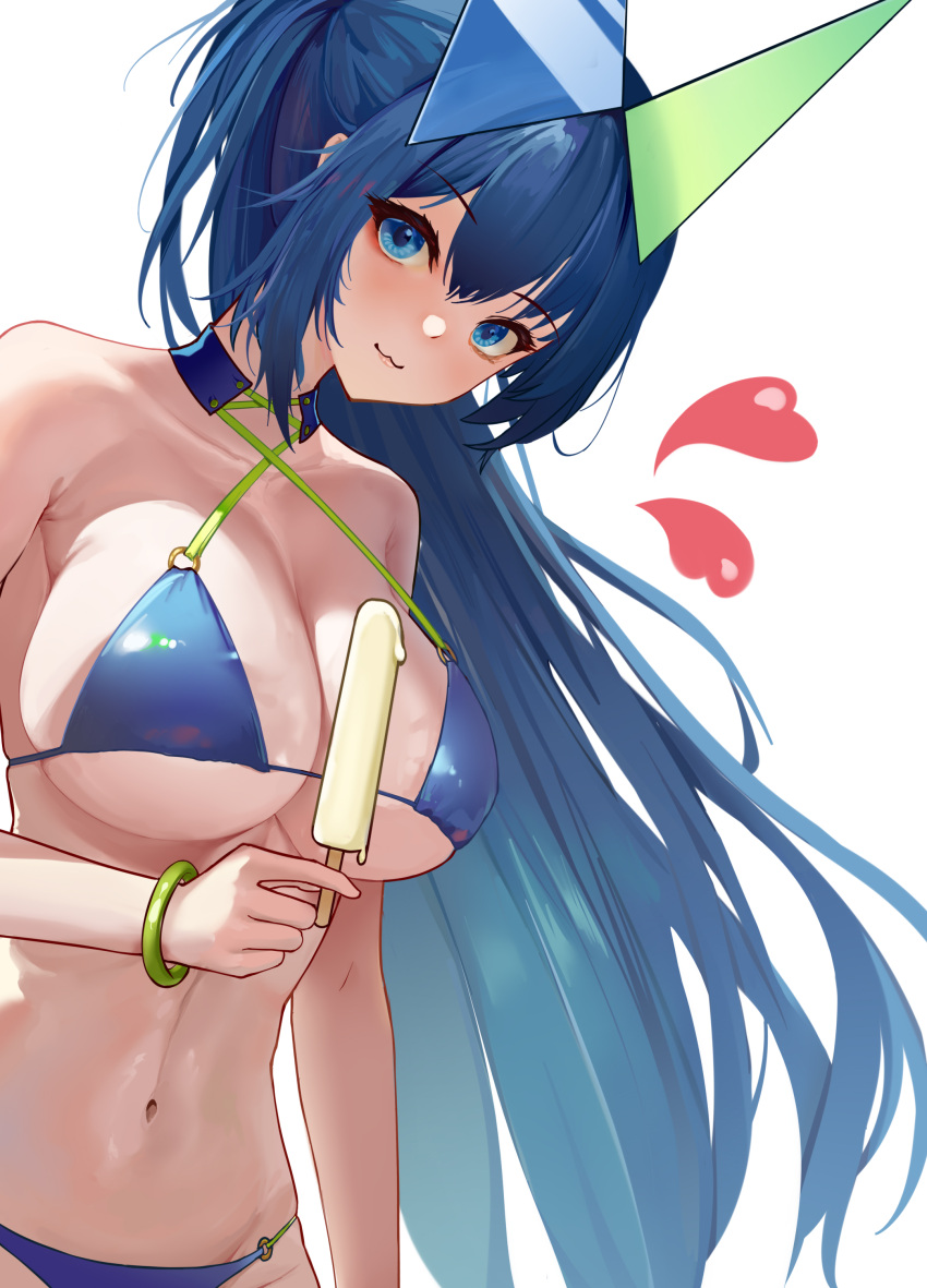 1girl :3 absurdres azur_lane bikini blue_bikini blue_eyes blue_hair bracelet breasts closed_mouth collarbone commentary criss-cross_halter cross-laced_bikini cross-laced_clothes food geiwoukangkang halterneck highres holding holding_food holding_popsicle jewelry large_breasts long_hair looking_at_viewer navel new_jersey_(azur_lane) new_jersey_(midsummer_leisure)_(azur_lane) o-ring o-ring_bikini ponytail popsicle shiny_skin simple_background solo swimsuit upper_body white_background