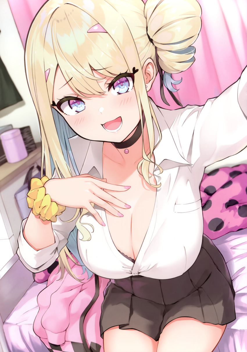1girl absurdres bed bed_sheet blonde_hair blue_eyes breasts choker cleavage collarbone fingernails hair_bun hair_ornament hanamomo_yae_(hisen_kaede) hand_on_own_chest hand_up highres hisen_kaede indoors large_breasts long_hair looking_at_viewer nail_polish open_mouth original pleated_skirt scan scrunchie simple_background sitting skirt sleeves_rolled_up smile solo wrist_scrunchie