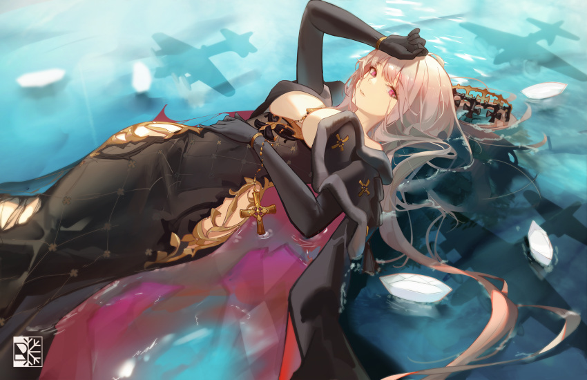1girl absurdres aircraft airplane arm_up artist_logo azur_lane black_dress black_gloves breasts brown_hair cape chinese_commentary cleavage clemenceau_(azur_lane) commentary_request cross crown crown_removed dress elbow_gloves fur_trim gloves hair_between_eyes hand_on_own_head highres hip_vent large_breasts long_dress long_hair looking_at_viewer lying lying_on_water on_back paper_boat parted_lips red_eyes rein_yukimatsu shadow sidelocks solo tight_clothes tight_dress two-sided_cape two-sided_fabric two-tone_cape water wristlet