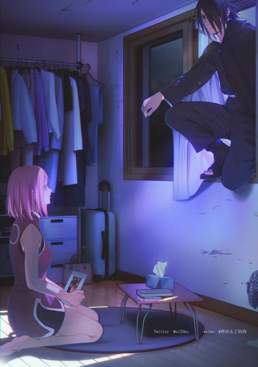 1boy 1girl absurdres barefoot bike_shorts black_cloak black_eyes black_hair chinese_commentary cloak curtains drawer electric_fan hair_over_one_eye haruno_sakura highres husband_and_wife medium_hair naruto:_the_last naruto_(series) niku_(ni23ku) open_window pink_hair rolling_suitcase rug seiza sitting suitcase table tissue_box toeless_footwear twitter_username uchiha_sasuke window