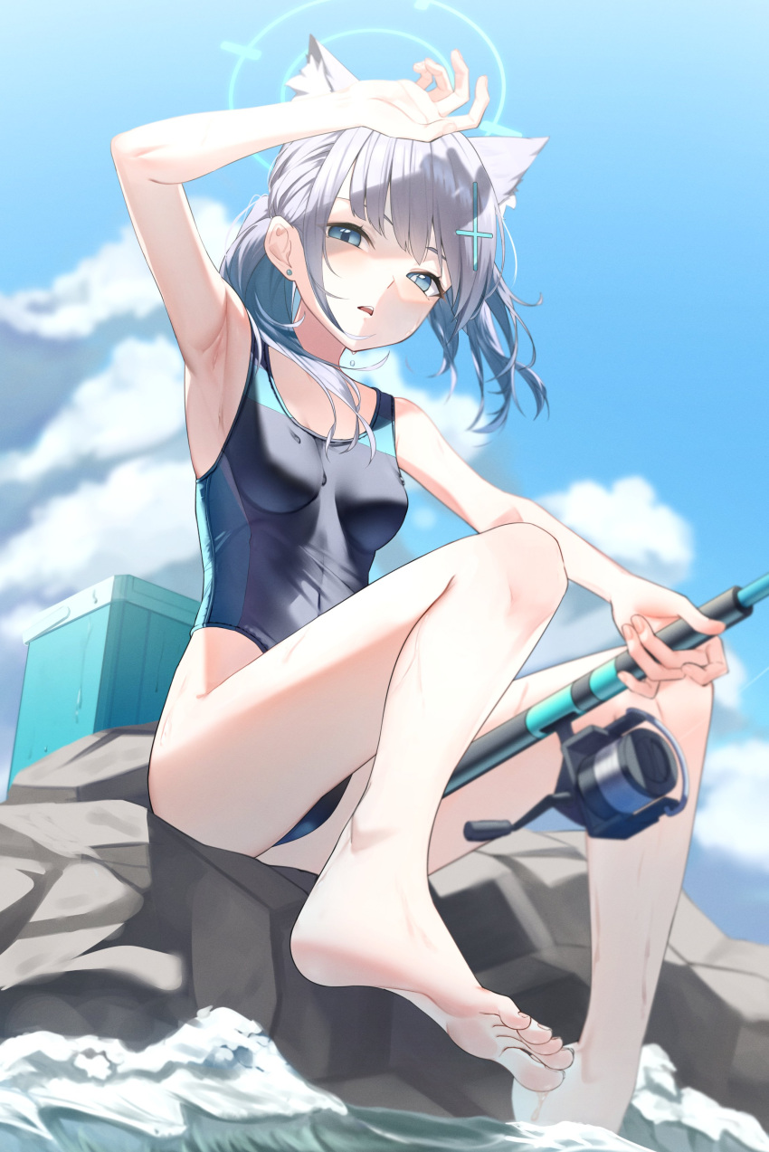 1girl absurdres animal_ear_fluff animal_ears arm_up armpits barefoot blue_archive blue_eyes blue_halo blue_one-piece_swimsuit blue_sky blurry blurry_background breasts cloud cloudy_sky collarbone commentary covered_navel cross_hair_ornament day depth_of_field earrings extra_ears eyelashes feet fishing_rod full_body hair_ornament hair_over_shoulder halo highleg highleg_swimsuit highres holding jewelry legs long_hair looking_at_viewer medium_breasts official_alternate_costume one-piece_swimsuit open_mouth outdoors pero_(peroneko0510) ponytail shadow shiroko_(blue_archive) shiroko_(swimsuit)_(blue_archive) sidelocks sitting sky soaking_feet solo stud_earrings swimsuit toenails toes wet wolf_ears