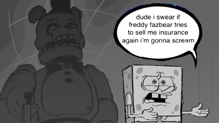 2023 4_fingers annoyed annoyed_expression anthro bags_under_eyes bear bottomwear bow_tie bukobean button_(fastener) clothing collared_shirt constricted_pupils derp_eyes dialogue digital_drawing_(artwork) digital_media_(artwork) duo english_text eyebrows fingers five_nights_at_freddy's freddy_(fnaf) geometric_background greyscale grid_background hat headgear headwear hi_res holding_object holding_suitcase humor looming machine male mammal marine meme monochrome necktie nickelodeon open_mouth pants pattern_background pupils robot scottgames sea_sponge segmented_body simple_background sketch small_pupils speech_bubble spongebob_squarepants spongebob_squarepants_(character) suitcase text top_hat