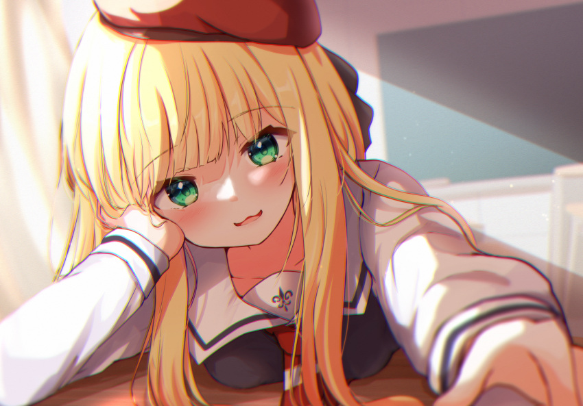 1girl baram beret blonde_hair blurry blurry_foreground breasts commentary_request depth_of_field green_eyes hat indoors long_hair long_sleeves looking_at_viewer mononobe_alice nijisanji parted_lips puffy_long_sleeves puffy_sleeves red_headwear shirt small_breasts smile solo virtual_youtuber white_shirt