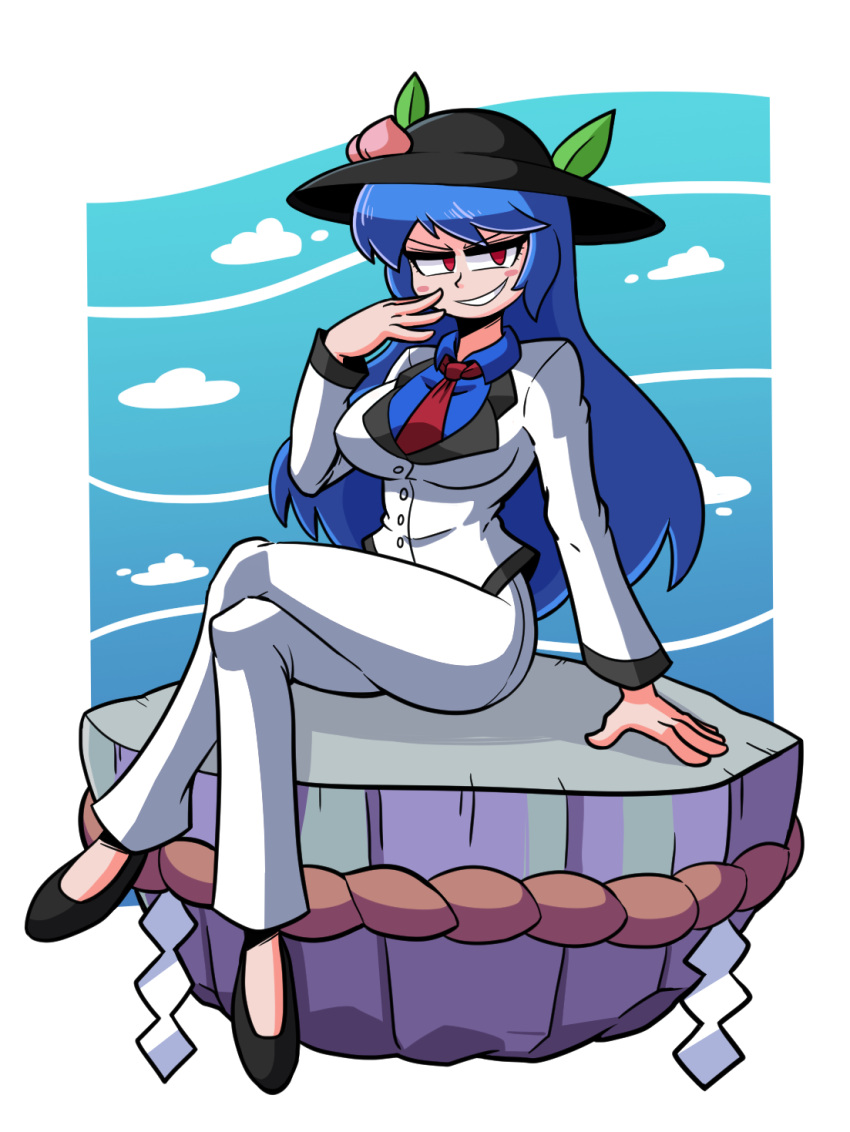 1girl black_footwear black_headwear blue_background blue_hair breasts cloud commentary commission crossed_legs english_commentary full_body highres hinanawi_tenshi jacket kevin_arthur keystone large_breasts leaf long_hair looking_at_viewer pants peach_hat_ornament red_eyes rope shimenawa sitting smile solo touhou white_jacket white_pants