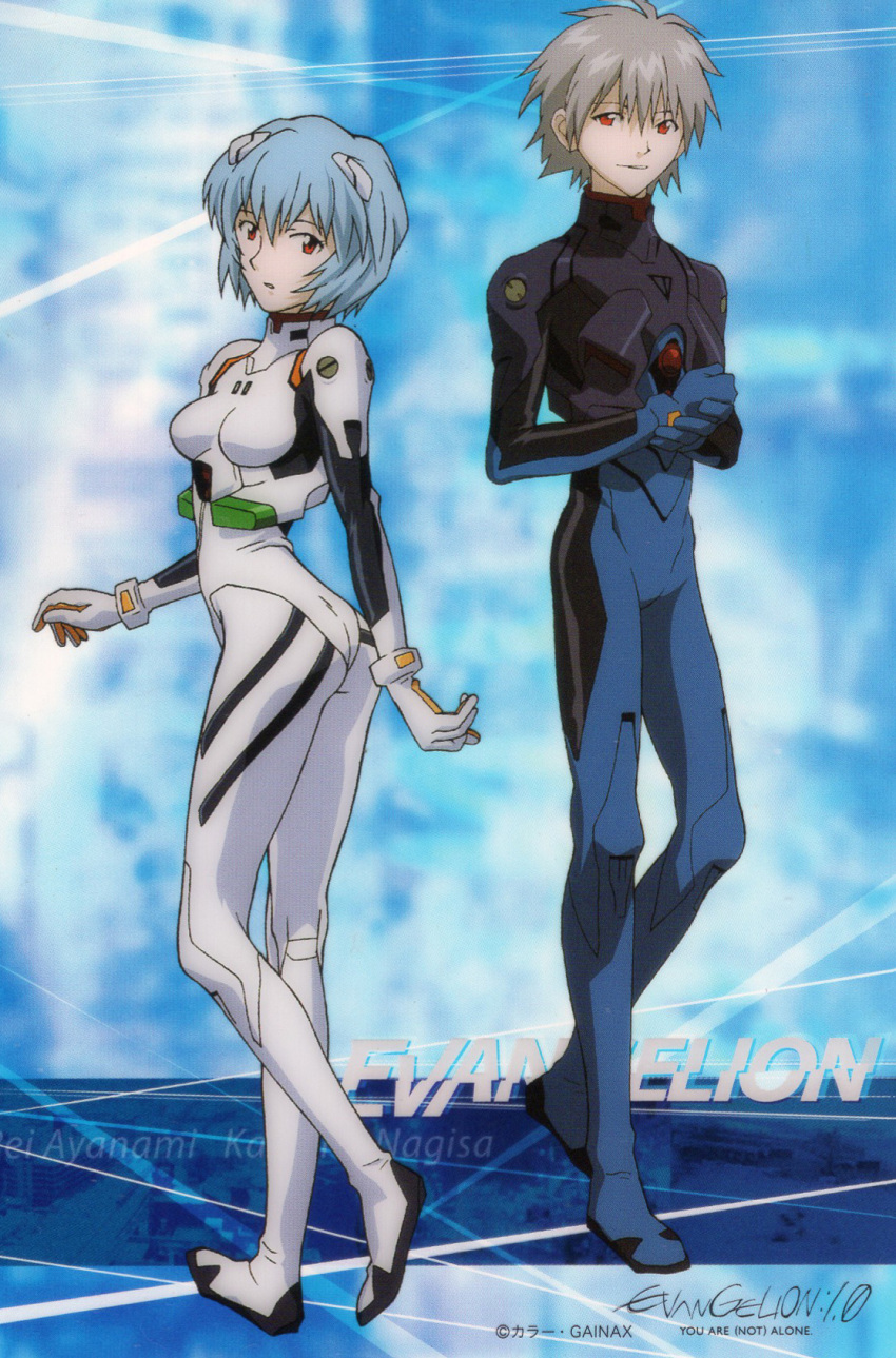 1boy 1girl ass ayanami_rei blue_hair bodysuit breasts full_body gainax grey_hair hair_between_eyes highres nagisa_kaworu neon_genesis_evangelion official_art pilot_suit plugsuit rebuild_of_evangelion red_eyes short_hair standing white_bodysuit