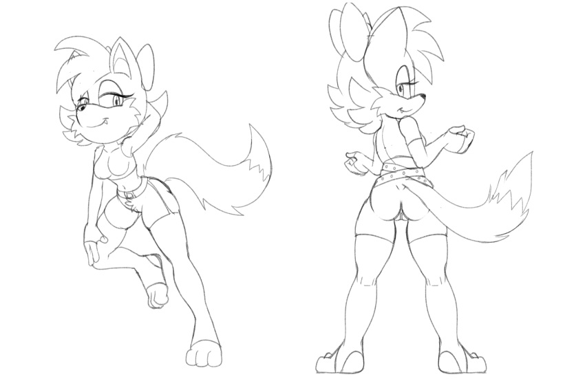 anthro archie_comics bottomless butt canid canine clothed clothing crotch_tuft female fiona_fox fours_(artist) fox genitals hand_behind_head hi_res legwear looking_at_viewer looking_back mammal pussy sega shirt sketch solo sonic_the_hedgehog_(archie) sonic_the_hedgehog_(comics) sonic_the_hedgehog_(series) tank_top thigh_highs topwear tuft