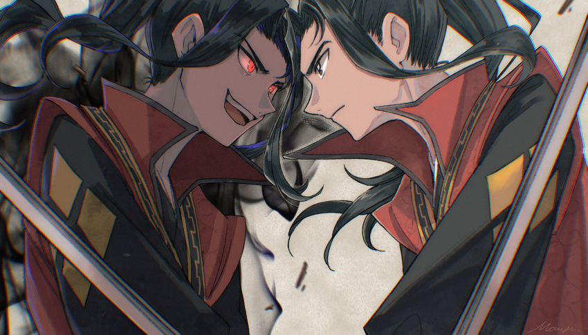 2boys black_eyes black_hair black_jacket closed_mouth dual_persona forehead-to-forehead heads_together highres hikari_(octopath_traveler) holding holding_sword holding_weapon jacket long_hair looking_at_another male_focus mouyi multiple_boys octopath_traveler octopath_traveler_ii open_mouth parted_bangs ponytail popped_collar red_eyes red_vest smile sword teeth upper_body upper_teeth_only vest weapon