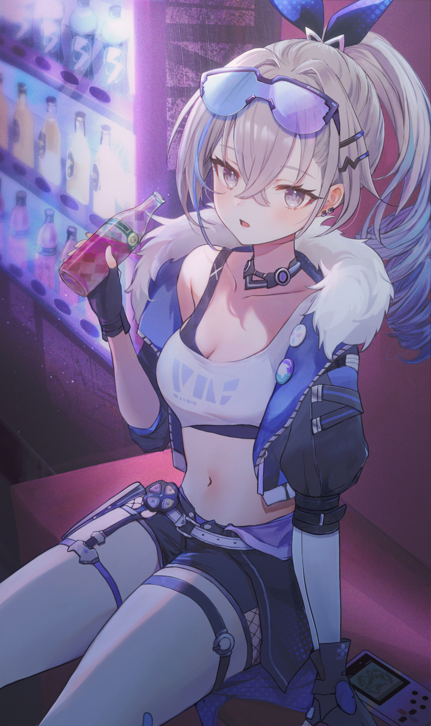 1girl bench black_gloves black_shorts blue-tinted_eyewear blush breasts cc_(kitty030) cleavage collarbone commentary drink earrings eyewear_on_head fingerless_gloves fur-trimmed_jacket fur_trim game_console gloves grey_eyes grey_hair hair_between_eyes hair_ornament hairclip highres holding holding_drink honkai:_star_rail honkai_(series) indoors jacket jewelry long_hair looking_at_viewer medium_breasts navel open_clothes open_jacket open_mouth ponytail shadow shirt shorts sidelocks silver_wolf_(honkai:_star_rail) single-shoulder_shirt sitting solo tinted_eyewear vending_machine white_shirt
