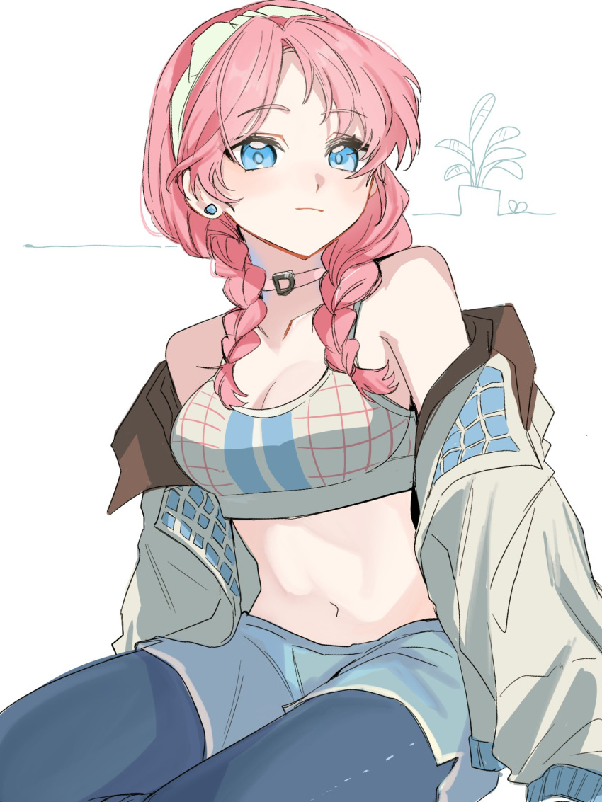 1girl arknights arm_support bare_shoulders blue_eyes blue_poison_(arknights) blue_poison_(shoal_beat)_(arknights) blue_shorts braid breasts choker cleavage commentary cowboy_shot earrings grey_jacket headband highres jacket jewelry leggings_under_shorts light_frown looking_at_viewer medium_breasts official_alternate_costume open_clothes open_jacket pink_choker pink_hair pink_sports_bra short_hair shorts side_braids sidelocks simple_background solo soramaru_310 sports_bra white_background white_headband white_sports_bra