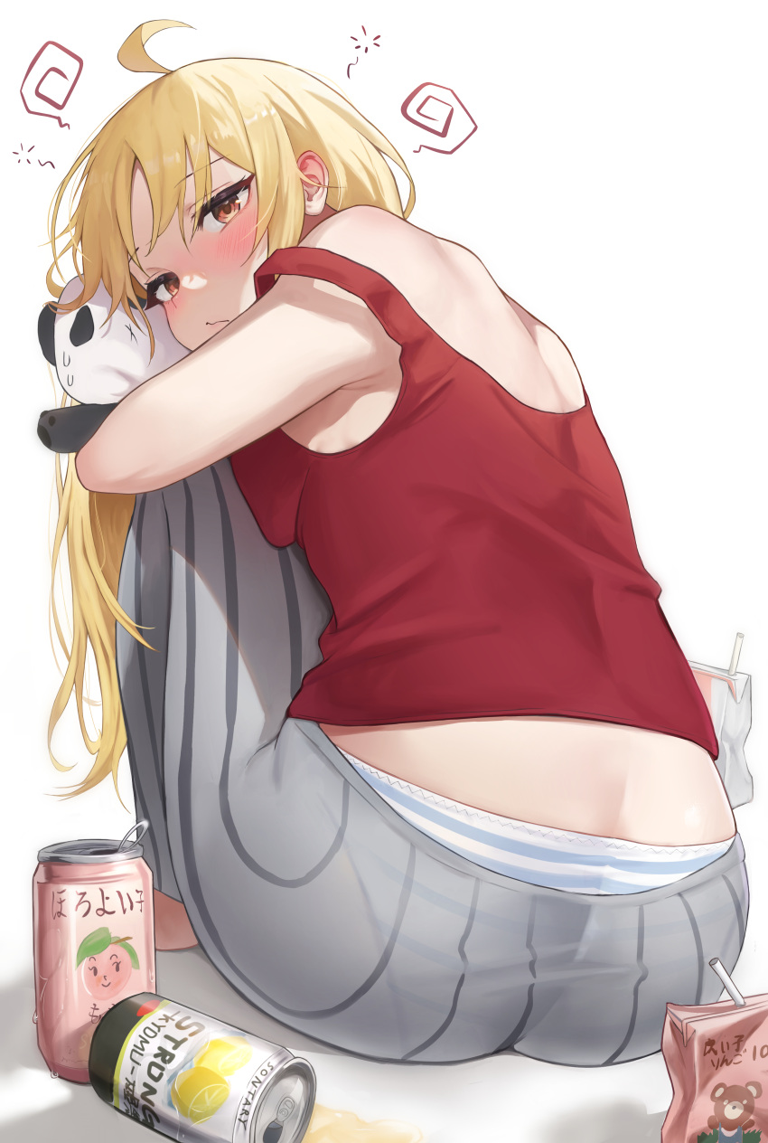 1girl absurdres ahoge alcohol ass back bare_shoulders beer blonde_hair blush bocchi_the_rock! bow breast_press breasts brown_eyes can drink drunk ear_blush highres ijichi_seika juice_box knees_to_chest long_hair looking_at_viewer looking_back panties red_bow red_shirt school_uniform shirt side_ponytail solo striped striped_panties stuffed_animal stuffed_panda stuffed_toy sweat underwear unnunal_(unneonal) white_shirt