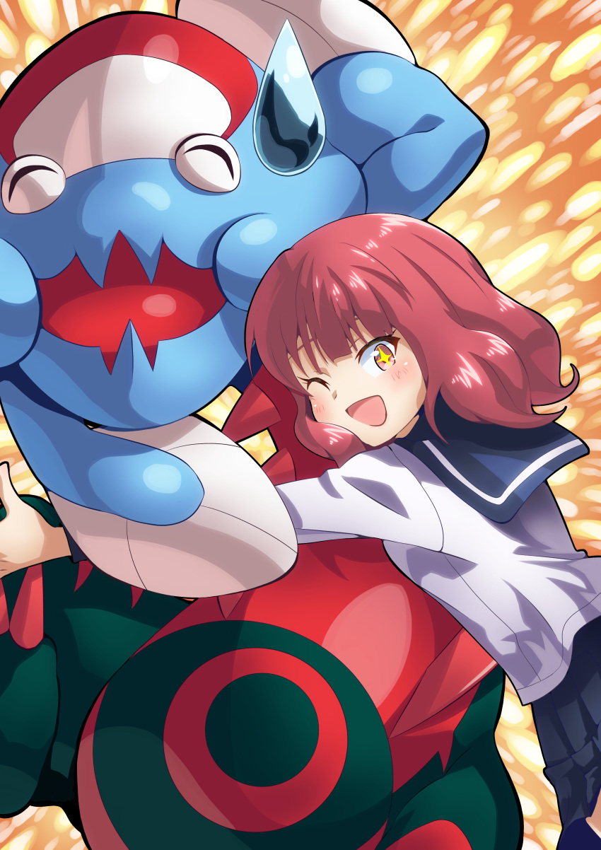 +_+ 1girl absurdres dracovish highres kazu_(sp225ns9) koisuru_asteroid pokemon pokemon_(creature) red_eyes red_hair sakurai_mikage school_uniform serafuku