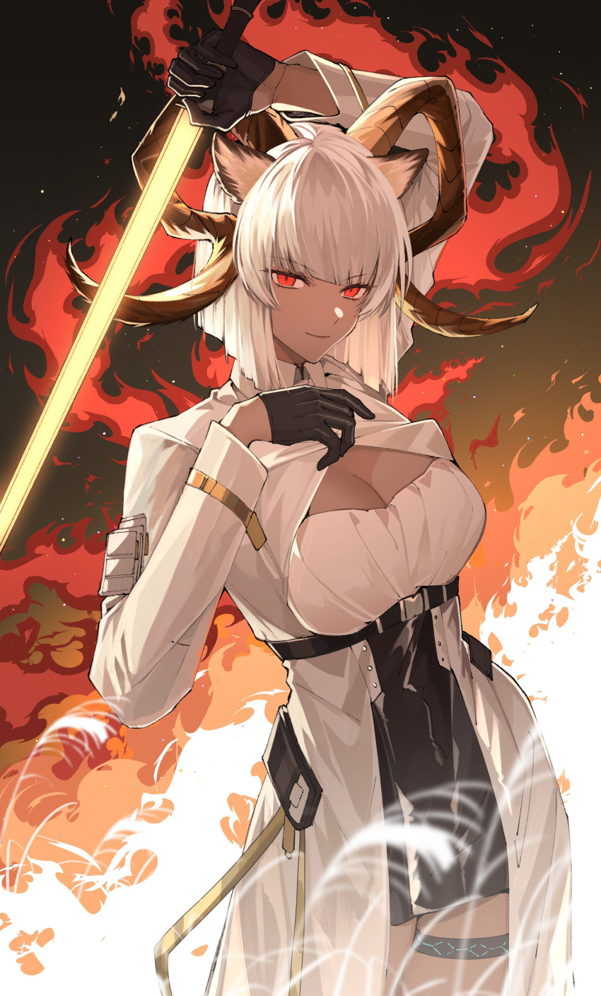 1girl absurdres animal_ears arknights arm_up black_gloves black_skirt breasts carnelian_(arknights) cleavage cleavage_cutout closed_mouth clothing_cutout coat cowboy_shot dark-skinned_female dark_skin fire gloves goat_ears goat_girl goat_horns hand_up highres horns infection_monitor_(arknights) kharu11 long_sleeves looking_at_viewer medium_hair red_eyes skirt smile solo white_coat white_hair