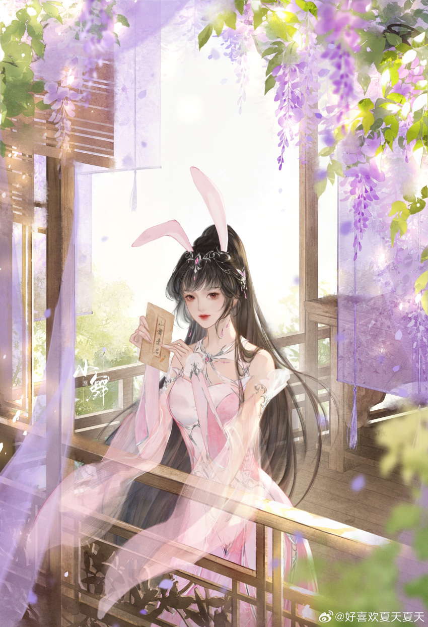 1girl absurdres against_railing animal_ears artist_request bare_shoulders brown_hair bush closed_mouth douluo_dalu dress earrings falling_petals flower hair_ornament highres jewelry letter long_hair petals pink_dress pink_eyes ponytail rabbit_ears railing second-party_source smile solo table windowsill wisteria xiao_wu_(douluo_dalu)