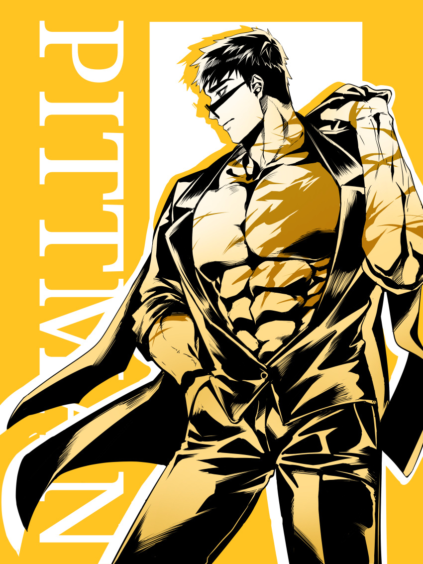 1boy abs absurdres alchemy_stars amol_0522 bara bare_pectorals black_hair feet_out_of_frame highres jacket large_pectorals looking_over_eyewear looking_to_the_side male_focus muscular muscular_male no_nipples open_clothes open_jacket pectorals pittman_(alchemy_stars) scar scar_on_chest short_hair sideburns solo standing stomach suit sunglasses