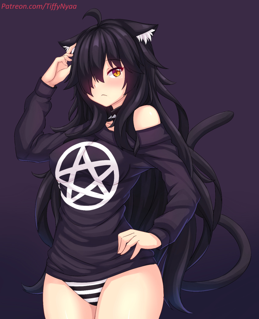 1girl ahoge animal_ear_fluff animal_ears betsy_(nottytiffy) black_hair breasts cat_ears cat_girl cat_tail collar gradient_background hair_over_one_eye hand_on_own_hip highres long_hair medium_breasts no_pants nottytiffy original panties purple_background slit_pupils solo spiked_collar spikes striped striped_panties tail underwear very_long_hair yellow_eyes