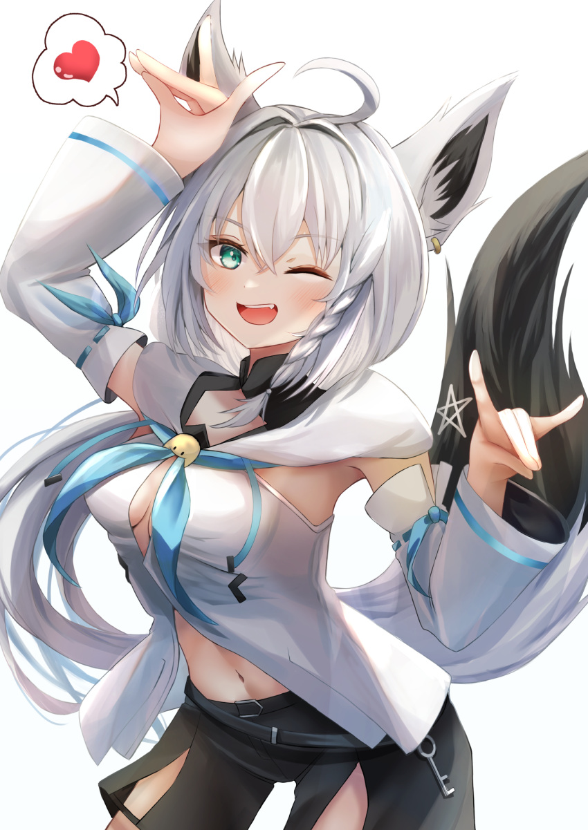 1girl ahoge animal_ear_fluff animal_ears arm_up armpits black_shorts blue_neckerchief blush braid breasts comiket_102 commentary_request double_fox_shadow_puppet earrings fox_ears fox_girl fox_shadow_puppet fox_tail green_eyes hair_between_eyes heart highres hololive hood hoodie jewelry long_hair looking_at_viewer medium_breasts midriff mikazuki_cocolo navel neckerchief one_eye_closed open_mouth pentagram shirakami_fubuki short_shorts shorts sidelocks simple_background single_braid solo spoken_heart tail virtual_youtuber white_background white_hair white_hoodie