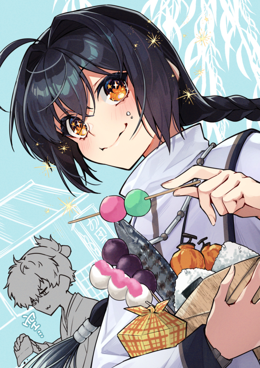 1boy 1other :3 ahoge androgynous black_hair blush braid braided_ponytail brown_eyes closed_mouth commentary_request dango fate/samurai_remnant fate_(series) fish_(food) food food_on_face hair_intakes highres holding holding_food ichino_tomizuki japanese_clothes kimono long_hair miyamoto_iori_(fate) multicolored_hair onigiri rice rice_on_face saber_(fate/samurai_remnant) smile streaked_hair very_long_hair wagashi white_hair white_kimono