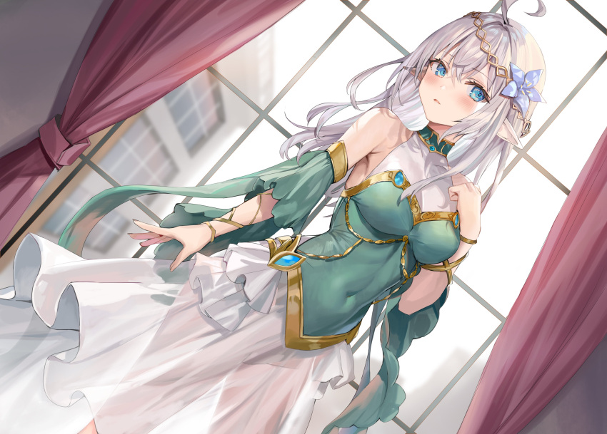 1girl absurdres ahoge alisa_mikhailovna_kujou bare_shoulders blue_eyes blush breasts covered_collarbone covered_navel curtains detached_sleeves fake_elf_ears flower hair_flower hair_ornament hand_up highres indoors jewelry large_breasts long_hair looking_at_viewer momoko_(momopoco) novel_illustration official_art open_mouth pointy_ears see-through_silhouette short_sleeves skirt solo standing tokidoki_bosotto_roshia-go_de_dereru_tonari_no_arya-san white_hair white_skirt window