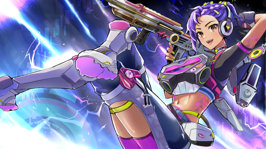 1girl animification apex_legends armor black_shirt blue_pants braid breastplate chaps cropped_shirt crossed_legs electricity fishnet_pantyhose fishnets g7_scout green_nails gun headphones heartbeat_harmonizer_valkyrie highres holding holding_gun holding_weapon jetpack looking_at_viewer midriff nail_polish navel official_alternate_costume pants pantyhose pink_eyes ponytail purple_hair purple_shorts rifle shirt shorts smile solo tan thigh_strap valkyrie_(apex_legends) wano_(azayakam) weapon