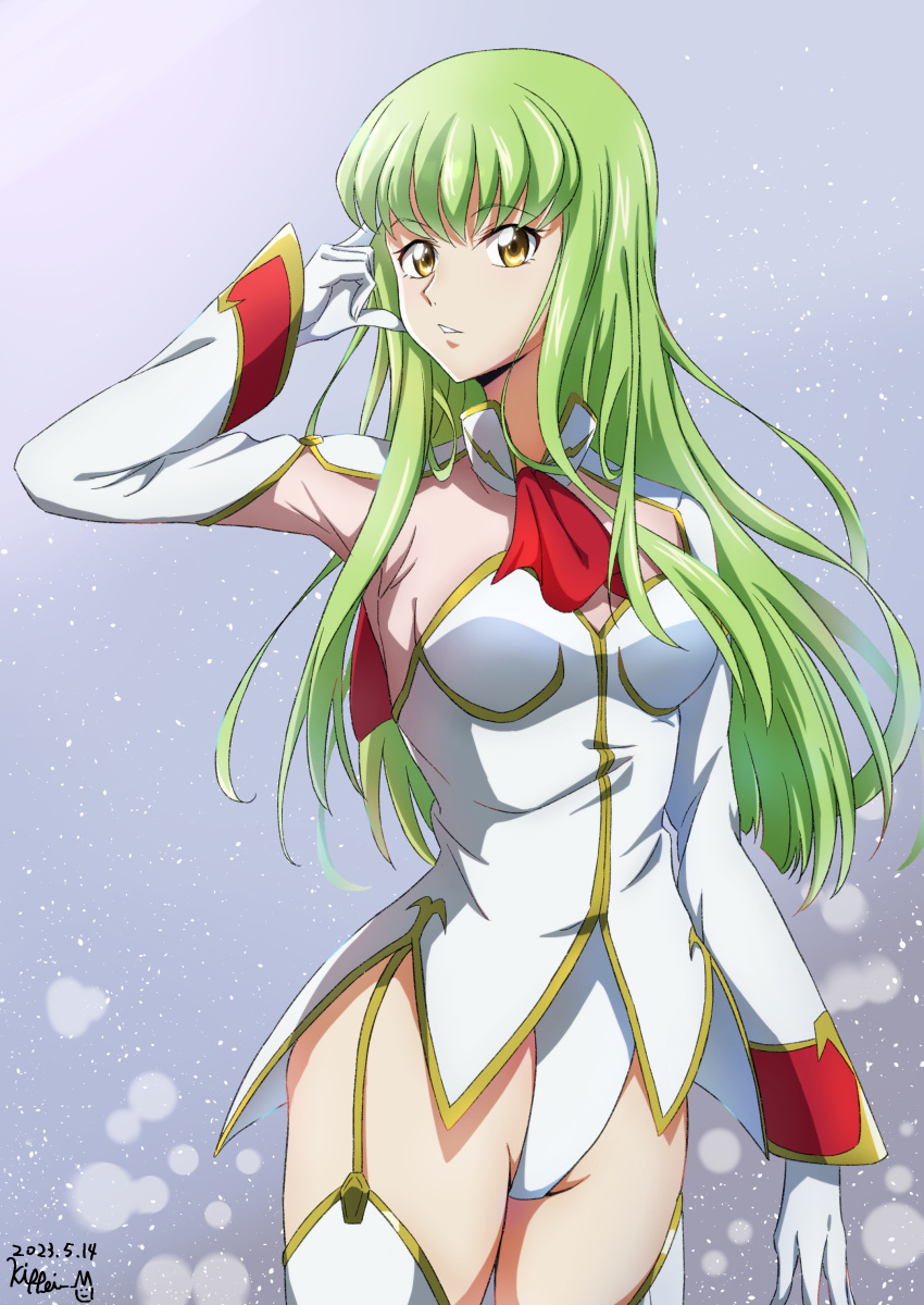1girl absurdres arm_up ascot breasts c.c. code_geass cowboy_shot dated detached_sleeves garter_straps gloves gold_trim green_hair groin highres kippei leotard light_particles long_hair looking_at_viewer medium_breasts parted_lips red_ascot signature thighhighs thighs white_gloves white_leotard white_thighhighs yellow_eyes