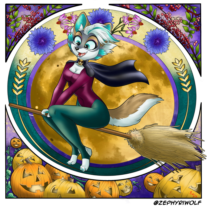 anthro brown_body brown_fur canid canine canis cape cleavage_cutout clothing fangs female footwear fur green_highlights grey_body grey_fur hair halloween hi_res highlights_(coloring) holidays jack-o'-lantern legwear leotard magic_user mammal open_mouth open_smile smile socks solo stockings teeth toeless_footwear toeless_legwear toeless_socks toeless_stockings white_body white_fur white_hair wide_eyed witch witch_broom witch_costume wolf zephyri_q_wolf zephyriwolf