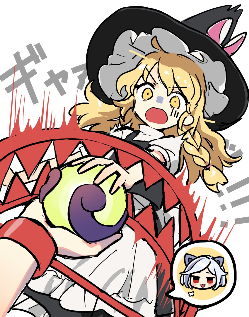 2girls animal_ears blonde_hair braid dog_ears dog_girl foothold_trap hat highres jewelry jill_07km kirisame_marisa mitsugashira_enoko multiple_girls open_mouth short_hair single_braid smirk touhou unfinished_dream_of_all_living_ghost white_hair witch_hat