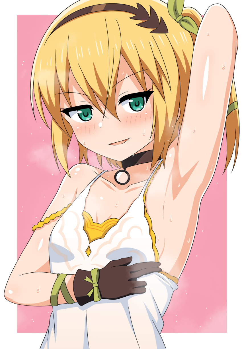 1girl absurdres arm_up armpits black_choker blonde_hair blush border breasts check_commentary choker collarbone commentary commentary_request dress edna_(tales) eyelashes gloves green_eyes green_ribbon hairband highres light_smile long_bangs looking_at_viewer parted_lips pink_background presenting_armpit ribbon shiny_skin side_ponytail single_glove small_breasts smile steam strap_slip sweat tales_of_(series) tales_of_zestiria tankuro_uri upper_body white_border white_dress