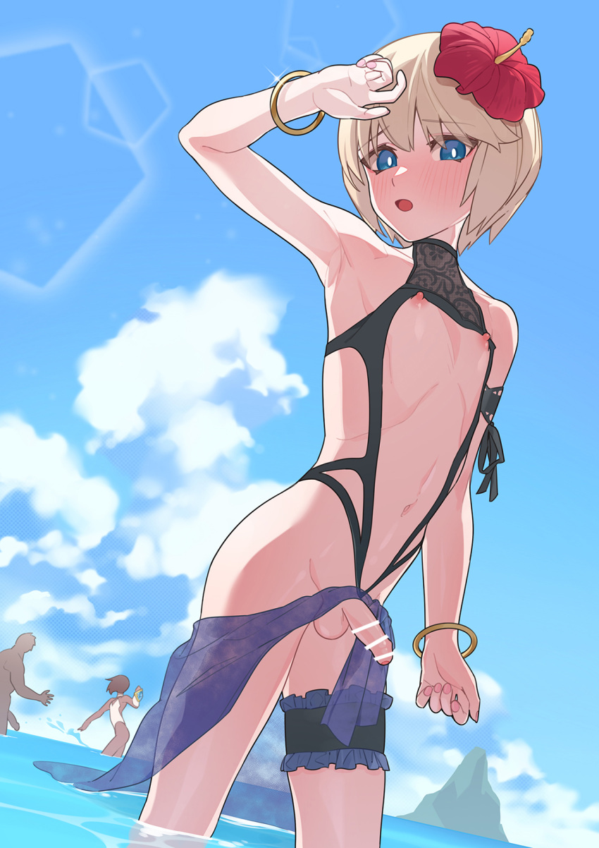 1boy bar_censor bare_shoulders beach belly bikini bikini_bottom_aside black_bikini blonde_hair blue_eyes blue_sky censored clothing_aside cloud commission crossdressing flower foreskin hair_flower hair_ornament highleg highres homare_nao looking_at_viewer looking_down male_focus medium_hair mubo navel open_mouth otoko_no_ko outdoors penis people phimosis pixiv_commission red_flower sky smile swimsuit taimanin_(series) taimanin_rpgx water