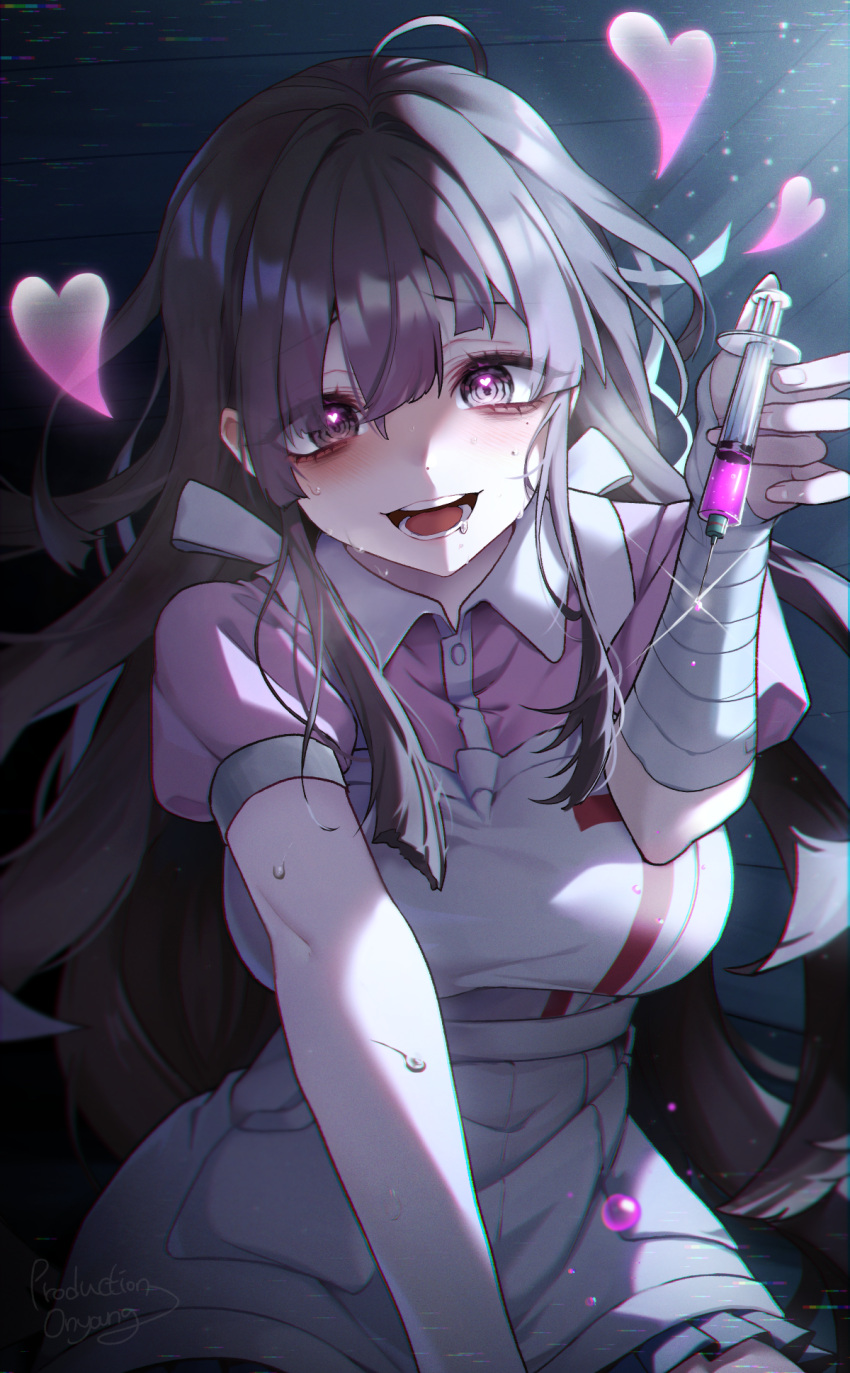 1girl apron bandaged_arm bandages between_legs black_hair blunt_bangs blunt_ends blush breasts chromatic_aberration collared_shirt crazy_eyes danganronpa_(series) danganronpa_2:_goodbye_despair drooling eyes_visible_through_hair glitch grey_eyes hand_between_legs heart heart_in_eye highres holding holding_syringe large_breasts long_hair looking_at_viewer mole mole_under_eye onyang open_mouth pink_shirt puffy_short_sleeves puffy_sleeves shirt short_sleeves signature smile solo spoilers sweat symbol_in_eye syringe tsumiki_mikan white_apron