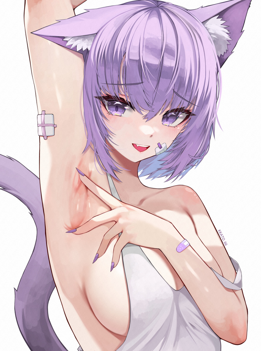 1girl absurdres animal_ears arm_up armpits artist_name bandaid bandaid_on_arm bare_shoulders breasts cat_ears cat_tail commentary fang fingernails gauze hair_between_eyes highres hololive kkato large_breasts looking_at_viewer nail_polish nekomata_okayu open_mouth outstretched_arm presenting_armpit purple_eyes purple_hair purple_nails sharp_fingernails short_hair sideboob simple_background smile solo spread_armpit strap_slip tail tank_top upper_body virtual_youtuber white_background white_tank_top