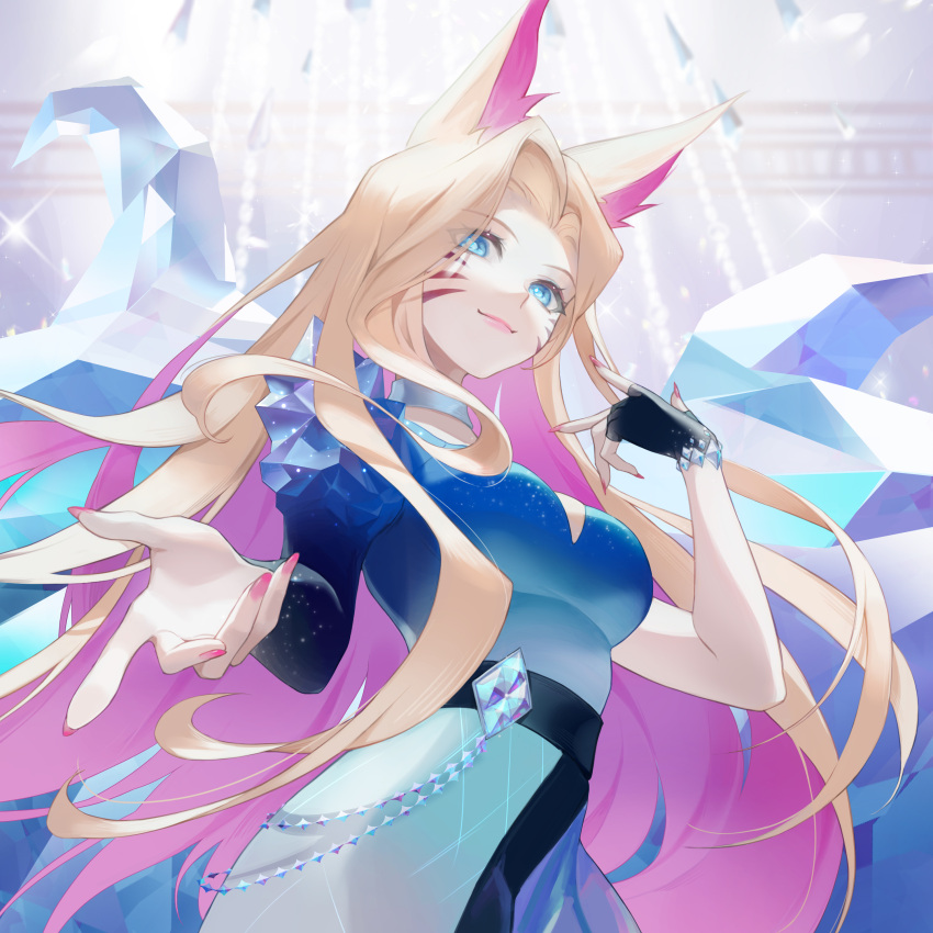 1girl absurdres ahri_(league_of_legends) animal_ears asami_okutoshioku black_gloves blonde_hair blue_eyes closed_mouth commentary cowboy_shot facial_mark fingerless_gloves fingernails fox_ears fox_girl fox_tail gloves highres k/da_(league_of_legends) k/da_all_out_ahri league_of_legends light light_particles long_hair multiple_tails nail_polish official_alternate_costume official_alternate_hairstyle pink_nails reaching reaching_towards_viewer single_fingerless_glove smile solo standing tail whisker_markings