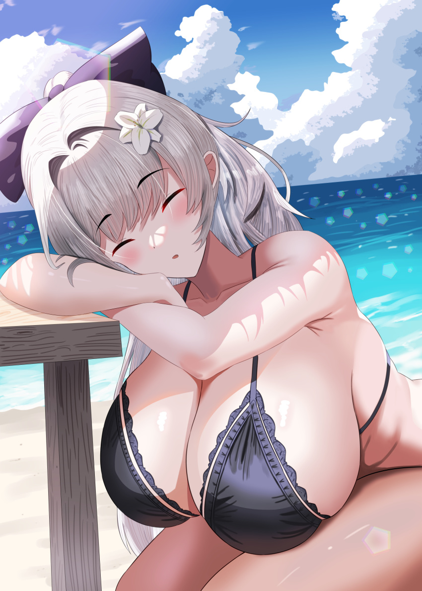 1girl absurdres aya-cis azur_lane beach bikini black_bikini blue_sky bow breasts closed_eyes cloud day grey_hair hair_bow highres horizon huge_breasts leaning_forward long_hair ocean outdoors purple_bow sagging_breasts sand sitting sky sleeping solo summer swimsuit vittorio_veneto_(azur_lane) vittorio_veneto_(the_flower_of_la_spezia)_(azur_lane) water