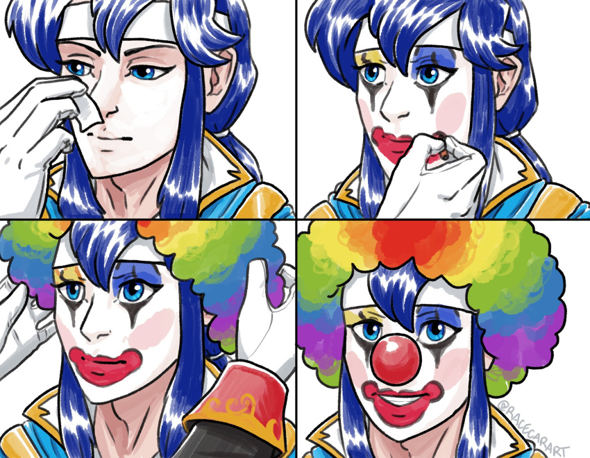 2boys adam's_apple applying_makeup blue_eyes blue_hair blush_stickers clown clown_nose english_commentary fire_emblem fire_emblem:_genealogy_of_the_holy_war gloves hair_between_eyes headband highres long_hair looking_at_viewer makeup meme multicolored_hair multiple_boys multiple_views nose oifey_(fire_emblem) ponytail racecar_(racecarart) rainbow_hair seliph_(fire_emblem) sidelocks simple_background twitter_username white_background white_gloves white_headband wig