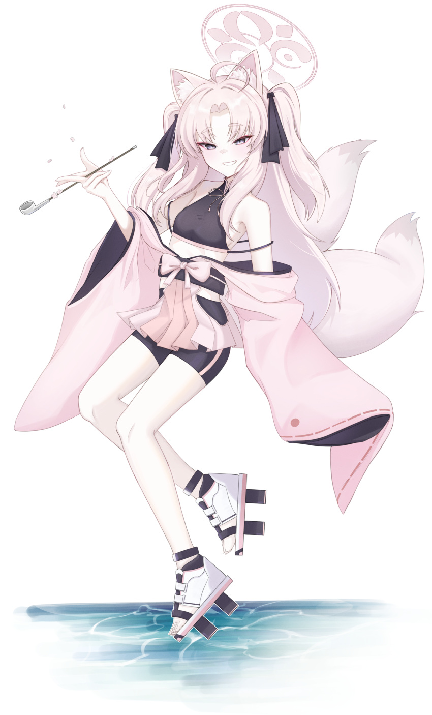 1girl absurdres animal_ears blue_archive eyeshadow fox_ears fox_tail full_body grey_eyes halo hasarang highres holding holding_smoking_pipe japanese_clothes kimono kuzunoha_(blue_archive) long_hair looking_at_viewer makeup multiple_tails open_mouth pink_hair pink_halo pink_kimono red_eyeshadow simple_background smile smoking_pipe solo tail two_side_up white_background