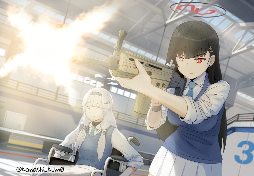 2girls 3d_background absurdres aged_down aiming alternate_costume assault_rifle black_hair blue_archive blue_necktie blue_vest blunt_bangs blurry collared_shirt commentary depth_of_field english_commentary firing gun hair_between_eyes hair_ornament hairband hairclip halo highres himari_(blue_archive) holding holding_gun holding_weapon indoors kanashi_kum0 long_hair long_sleeves looking_at_another multiple_girls necktie numbered pleated_skirt pointy_ears purple_eyes red_eyes rifle rio_(blue_archive) school_uniform shirt sidelocks skirt sleeves_rolled_up twitter_username vest weapon wheelchair white_hair white_shirt white_skirt