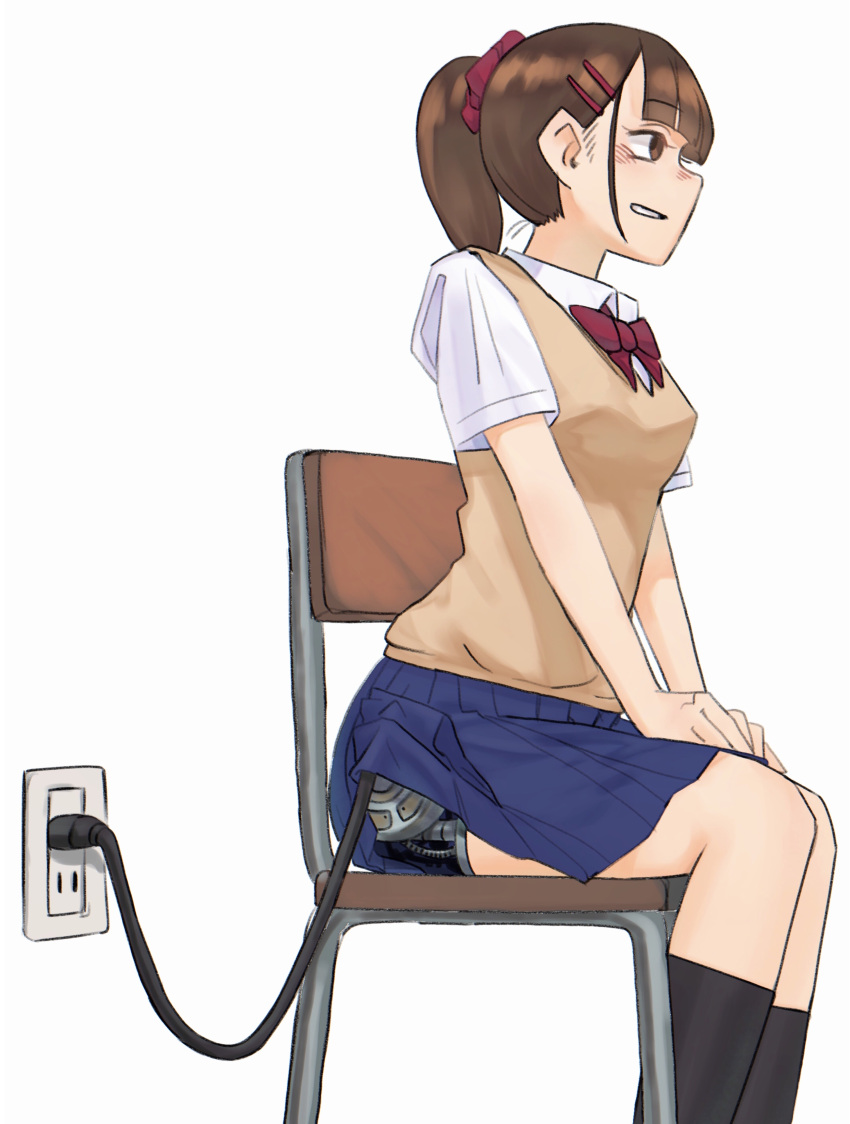 1girl absurdres android black_socks blue_skirt blush bow bowtie brown_eyes brown_hair chair collared_shirt electrical_outlet hair_ornament hairclip highres mecha-jk mechanical_parts medium_hair meikaa miniskirt original pleated_skirt ponytail recharging red_bow red_bowtie school_uniform shirt simple_background sitting skirt socks solo white_background white_shirt