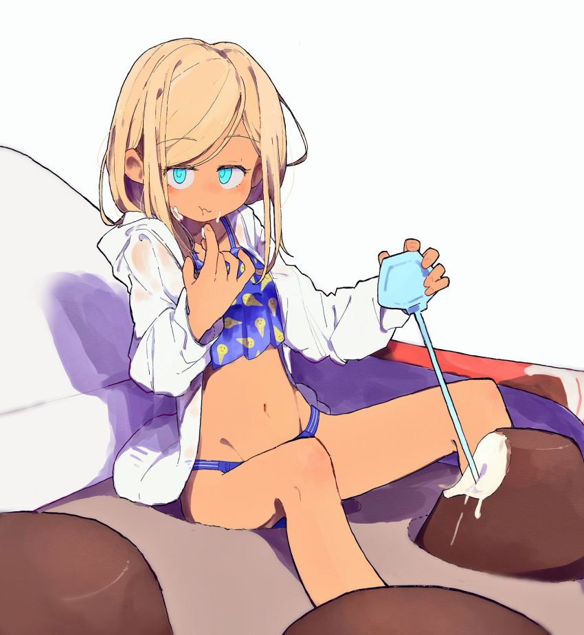 1girl aqua_eyes bikini blonde_hair blue_bikini blush breasts collarbone dark-skinned_female dark_skin eating food food_on_face food_print hands_up harakoppe highres holding hood hoodie ice_cream ice_cream_print idolmaster idolmaster_cinderella_girls idolmaster_cinderella_girls_starlight_stage layla_(idolmaster) long_hair long_sleeves looking_at_viewer navel open_clothes open_hoodie print_bikini simple_background sitting_on_food small_breasts solo swimsuit white_background white_hoodie