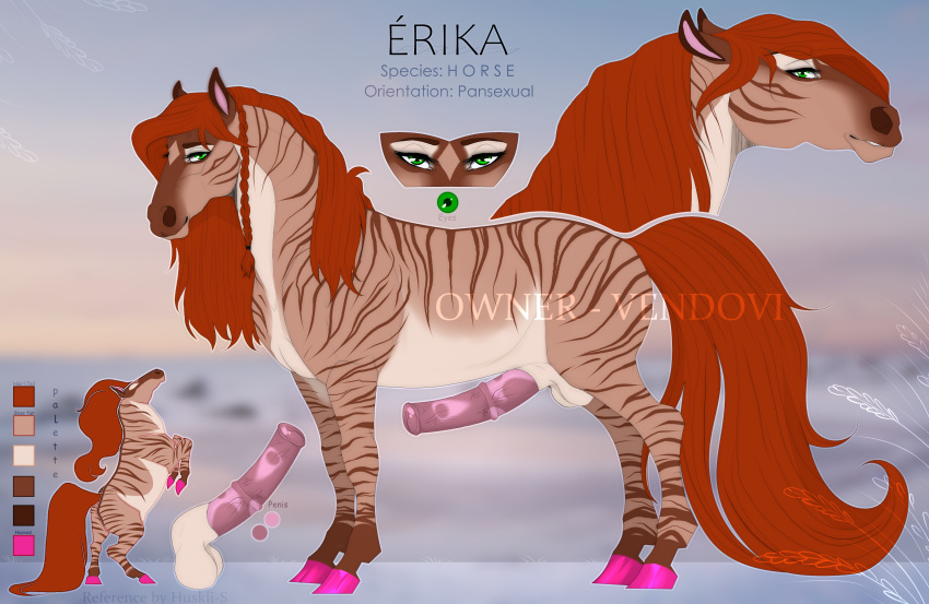 absurd_res balls blurred_background equid equine erika_(vendovi) eyelashes feral genitals glistening glistening_eyes green_eyes hi_res hooves horse huskii-s looking_at_viewer male mammal mane model_sheet mouth_closed penis pink_hooves pink_penis red_mane red_tail side_view solo striped_back striped_legs striped_neck tail white_balls white_body