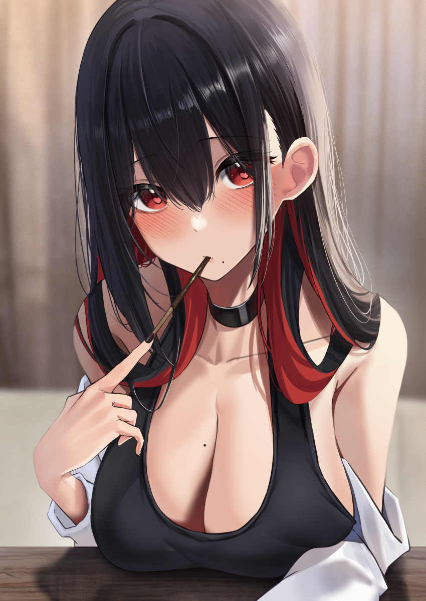 1girl absurdres amane_sora black_choker black_hair black_nails breast_rest breasts choker cleavage collarbone colored_inner_hair commentary_request fingernails food food_in_mouth hair_between_eyes hair_over_shoulder highres indoors large_breasts long_hair looking_at_viewer mole mole_on_breast mole_under_mouth multicolored_hair nail_polish original pocky pocky_in_mouth red_hair solo two-tone_hair upper_body