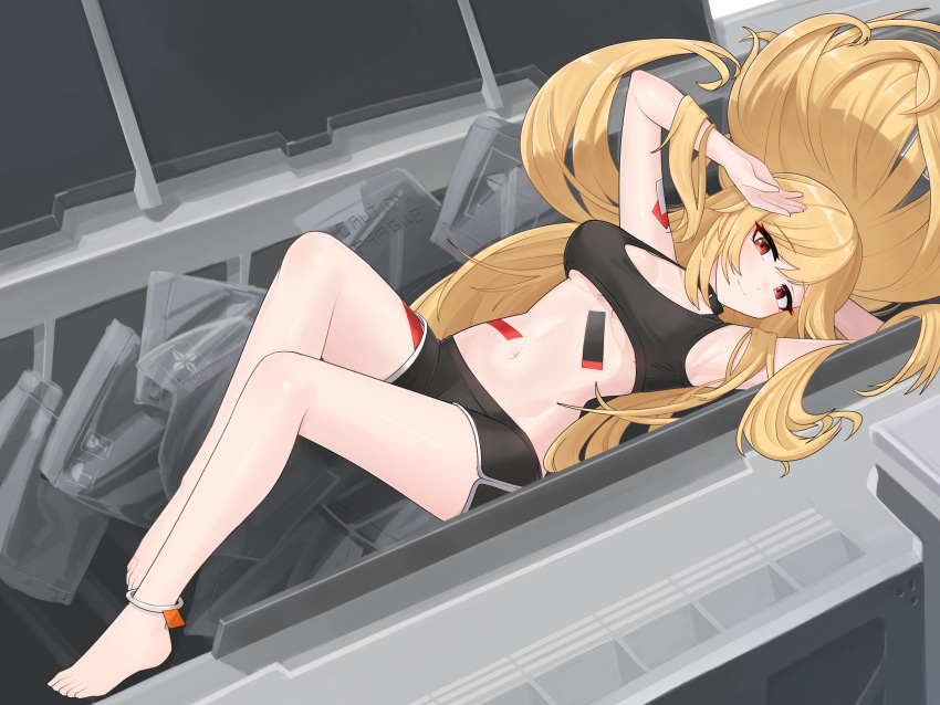 1girl absurdres anklet bag barefoot black_shorts black_sports_bra blonde_hair breasts cleavage commission dolphin_shorts full_body girls'_frontline highres in_container jewelry large_breasts legs long_hair looking_at_viewer lying m2hb_(girls'_frontline) midriff nabiyan navel on_back plastic_bag red_eyes shorts smile solo sports_bra underboob very_long_hair